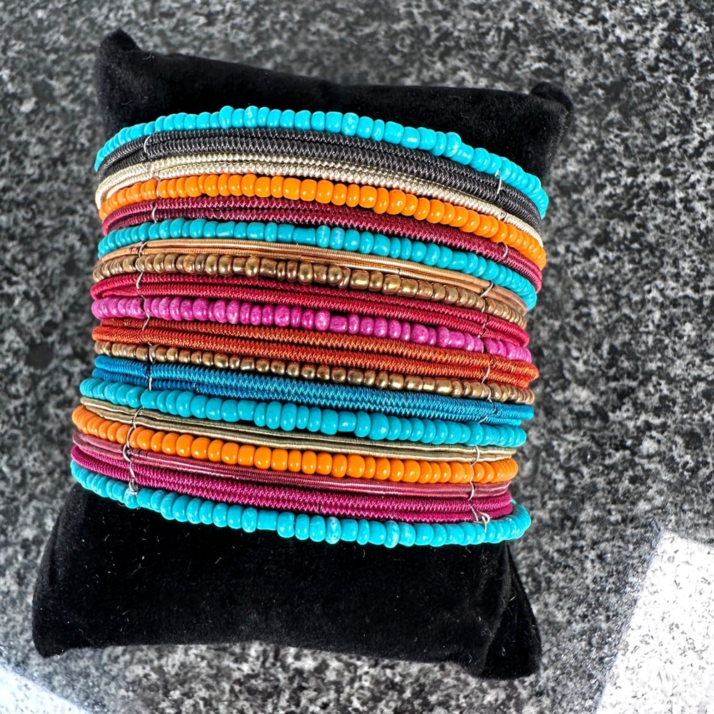 Multi Wrap Seed Bead Cuff Bracelet 2" Wide Turquoise Orange Purple Boho‎ Stack